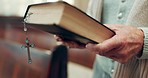 Walking, bible or hands of woman in church ready to worship God, holy spirit or religion in Christian cathedral. Faith, spiritual lady or person in chapel praying to praise Jesus Christ with rosary