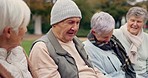 Friends, talking and senior people in park for bonding, conversation and quality time together outdoors. Friendship, happy and elderly man and women in retirement on bench for relaxing in nature