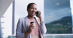 Business woman, phone call and coffee by office window for communication, networking or negotiation. Black female entrepreneur talking or conversation on smartphone for corporate contact and planning