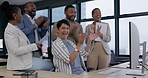 Applause, celebration and business people in the office by a computer for good news or teamwork success. Diversity, goals and group of corporate lawyers clapping hands by technology in the workplace.