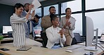 Business people, teamwork and applause to celebrate by computer in corporate office. Clapping, winner and happy group of employees with promotion achievement, goal or target, success or collaboration