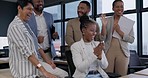 Clapping hands, achievement and team of business people in the office by a computer for success. Diversity, good news and group of professional corporate lawyers cheering by technology in workplace.