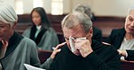 Sad, funeral or old man crying in church for God, holy spirit or religion in Christian community cathedral. Tissue, depressed or support for upset elderly person in chapel for grief, loss or death