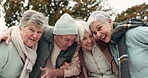 Excited, singing and senior people in nature for camping, happiness and bonding together. Smile, dance and face portrait of elderly friends, man and women having fun with a celebration in a park