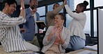 Clapping hands, success and group of business people in office by computer for teamwork success. Diversity, good news and team of professional corporate lawyers cheering by technology in workplace.