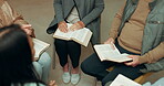 Praying, closeup and holding hands with people in bible study for support, Christian and spiritual. Community, faith and religion with prayer group in church for connection, worship and meeting