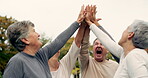 High five, support and a group of senior friends together in a park for motivation, success or celebration. Team building, partnership and community with elderly people bonding outdoor in a garden