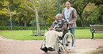 Nurse, peace and park with old woman in a wheelchair for retirement, elderly care and physical therapy. Trust, medical and healthcare with african patient and caregiver in nature for rehabilitation