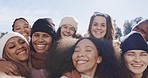Selfie, friends and peace sign outdoor in nature for adventure, travel and hiking. POV of happy women group together for profile picture, diversity or social media memory on holiday or fun vacation