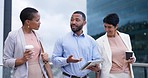 Business people on terrace in city with tablet, discussion and brainstorming ideas for startup company. Conversation, online report or feedback with team, man and women on balcony working together.