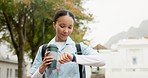 Nurse woman, watch and time outdoor for thinking, vision or ideas for healthcare career in Cape Town. Young doctor, park and nature for walk, coffee cup and mindset on path, wellness or late for work