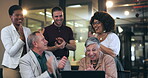 Business team, celebrate and clap for success at a laptop in a happy coworking office at night. Diversity men and women applause for win, goal achievement and bonus or target while working late