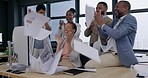 Business people, throw paper and applause with high five to celebrate by computer in corporate office. Clapping, winner and happy group of employees with promotion achievement, goal or target success