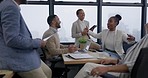 Business people, teamwork and meeting of funny accountant talking in corporate office with tablet. Collaboration, group and happy employees, auditor and workers speaking, discussion and laughing