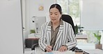 Video call, advice and a woman with a computer and report for a consultation, service and web support. Help, Asian employee and speaking on a webinar or online meeting with documents for interview