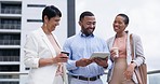 Business people on rooftop in city with tablet, discussion and brainstorming ideas for startup company. Conversation, online report or feedback with team, man and women on terrace working together.