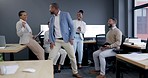 Dance, happy and business people on a break or in a meeting with fun while coworking. Smile, office diversity and a dancing black man with employees for comedy, funny and goofy together in an office