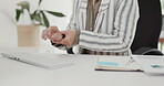 Business woman, hands and wrist pain from injury or carpel tunnel syndrome on keyboard at office. Closeup of female person ache, problem or joint inflammation from typing or overworked at workplace