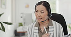 Asian woman, call center and documents in virtual meeting, discussion or customer service at the office. Friendly female person, consultant or agent talking and hello for online webinar at workplace