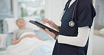 Healthcare check, hands and a doctor with a tablet for a report on a patient at a hospital. Consulting, typing and a nurse with technology and a woman for medical information, results or monitor