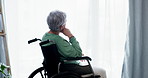 Senior, woman and thinking in wheelchair in home to relax for retirement with disability or idea. Thoughtful, memory and elderly female sitting at window with loneliness or remembering a dream.