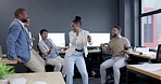 Business people, black woman and dance to celebrate success, goal and achievement of target in corporate office. Music, group of employees moving with energy and happy winner kick off shoes at party