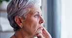 Senior woman, thinking and sad in home with depression, anxiety and serious. Idea, elderly and person with alzheimer, dementia or problem for mental health, remember memory and vision for retirement