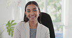 Happy business woman, office and accountant smile for career ambition, secretary or financial advisor. Face portrait of female person in pride for accounting job, Helpdesk or success at the workplace