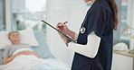 Checklist, hospital and bed with nurse writing healthcare information, clinic charts and senior patient progress. ADN expert, professional person or doctor hands with clipboard for medical report