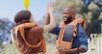Kayak, lifejacket and couple by lake for rowing on holiday, vacation and adventure in nature. Water sports, travel and black man and woman with safety vest for kayaking, canoeing and paddle boating