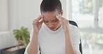 Headache, stress and business with black woman in office for anxiety, pain and pressure. Burnout, mental health and tired with female employee and migraine in agency for frustrated, sad and fatigue