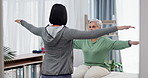 Stretching arms, physiotherapy and a senior patient with a woman for physical therapy or rehabilitation. Elderly person with a physiotherapist for muscle exercise, workout or healthcare in retirement