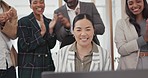 Laptop, happy woman and business people applause, celebration and excited for achievement, winner or success. Group cheers, diversity and team clapping for designer promotion, news or congratulations