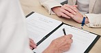 Document, signature and hands of a lawyer with a client for a will, planning death or agreement. Office, business and a legal employee writing on paperwork for a person for a law negotiation together