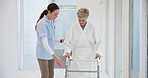 Nurse, elderly woman and walker for helping hand, show or support for guide in rehabilitation at clinic. Medic, elderly person with disability or mobility training with empathy, physiotherapy or care