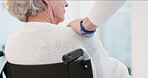 Hand, shoulder and wheelchair with a senior woman in a nursing home for trust, wellness or empathy. Back, comfort or care with an elderly female patient with a disability feeling support from a nurse