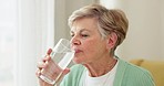 Health, wellness and senior woman drinking water for hydration and liquid diet detox at home. Weight loss, fresh and calm elderly female person enjoying glass of cold drink in modern retirement house