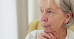 Senior woman, sad face and thinking at home with hands on chin to remember memory in retirement. Serious and upset elderly person at a nursing facility shaking head for negative emotion or Alzheimer