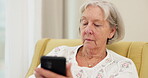 Research, pills and senior woman with phone to check for information on medication and typing online search about medicine . Elderly person, medication and reading about pharma drugs on smartphone