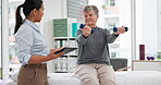 Physical therapy, therapist and senior woman for arm, joint pain and stretching support or rehabilitation. Physiotherapy, medical professional or chiropractor person for elbow check of elderly client