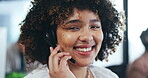 Call center, headset and portrait of a woman with a smile in an office for crm and support. Face of female sales consultant or contact us agent for customer service, telemarketing or help desk advice