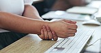 Hands, woman and wrist in pain from computer typing at desk in office. Closeup of female worker, injury and carpal tunnel from fatigue, health risk and arthritis of muscle, fibromyalgia and problem
