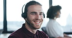 Call center, customer service and portrait of a man with a headset and smile for crm, advice and support. Male consultant in office for telemarketing, salesman and help desk or contact us agent