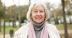 Happy, senior woman and portrait in the park for outdoor walk or mindset for wellness in retirement and woods, forest or nature, Face, elderly person and happiness in morning air in with trees