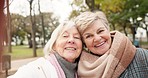 Smile, face and senior selfie with women in nature for a memory, video call or bonding in retirement. Happy, friends and portrait of elderly people taking a picture in a park for holiday or care