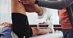 Hands, stretching leg or physiotherapy for a patient to help in physical therapy rehabilitation closeup. Chiropractor, healing or physiotherapist training person in hip muscle exercise or workout