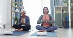 Mother, adult daughter and yoga, meditation and fitness, bonding with mindfulness and self care, spiritual and zen. Peace, calm and women in exercise class, holistic and healing in gym with wellness