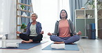 Woman, patient and physiotherapist in elderly care for meditation, yoga class or spiritual wellness at old age home. Female nurse, yogi or caregiver meditating with senior person in calm zen exercise