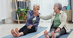 Old women, friends and yoga, stretching and high five with achievement and happiness, wow reaction and fitness. Female people, exercise and happy with workout goals, pilates and health with wellness