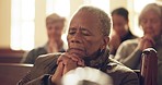 Elderly African woman, praying and church for religion, faith or love for worship, mindset or gratitude. Senior Christian lady, prayer and hands for meditation for respect, peace or Jesus at service